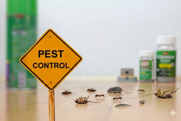 A yellow "Pest Control" sign in front of various insects and pests.
